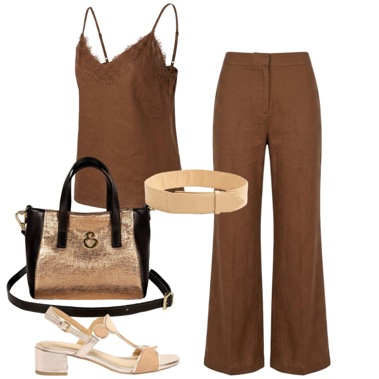 Outfit donna - Agosto. Stile Casual chic per Tutti i giorni. Abbinamento con sandali col tacco, top, pantaloni, cinture, borse a mano.
