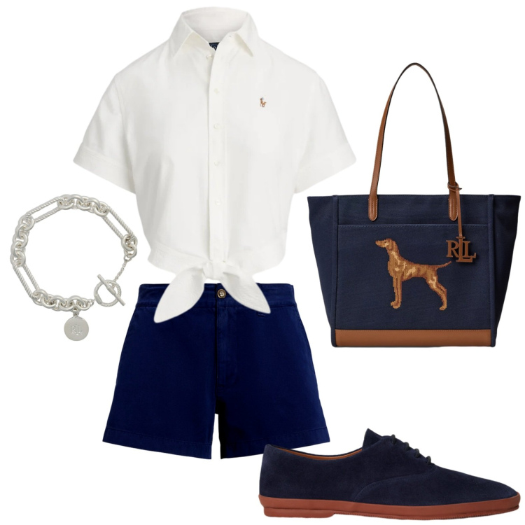 Outfit donna - Summer Holidays. Stile Urban per Tutti i giorni. Abbinamento con braccialetti, shorts, sneakers, borse tote, camicie a manica corta.