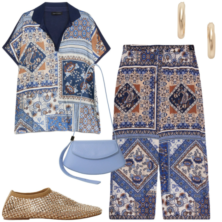 Outfit donna - Fiorella Rubino. Stile Etnico per Mare. Abbinamento con ballerine, borse a spalla, t-shirt, pantaloni, orecchini.
