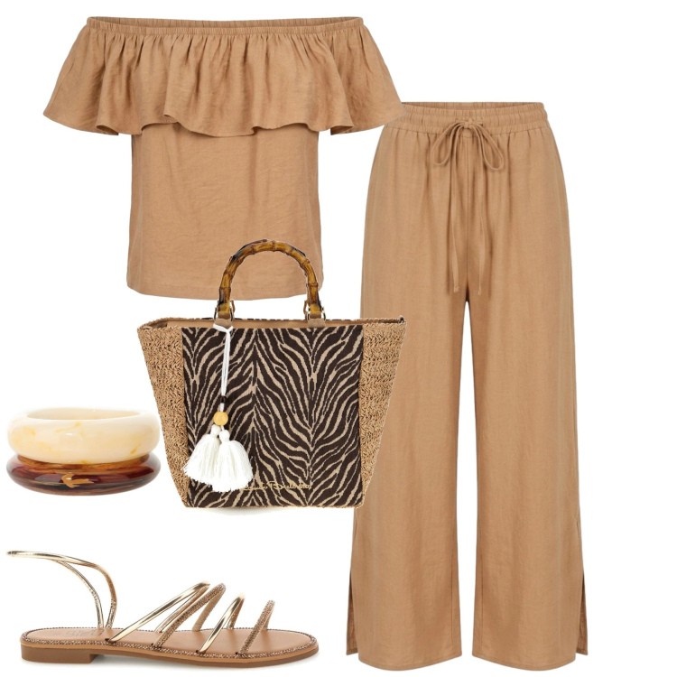 Outfit donna - Agosto. Stile Casual chic per Tutti i giorni. Abbinamento con braccialetti, pantaloni, top, sandali, borse a mano.