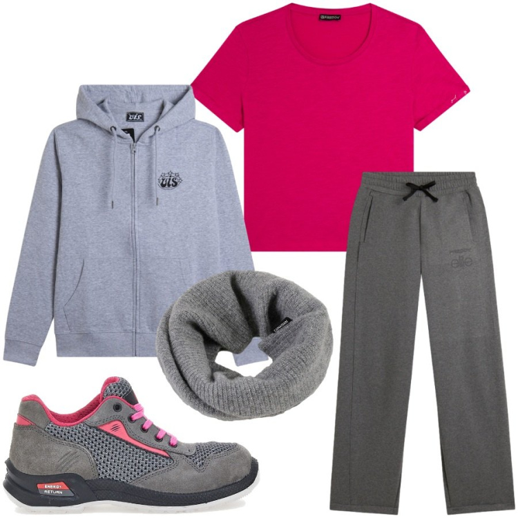 Outfit donna - Total look #2444031. Stile Casual chic per Sport. Abbinamento con t-shirt, felpe sportive, pantaloni sportivi, scaldacollo, scarpe sportive.