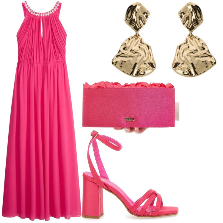 Outfit donna - In fuxia love. Stile Chic per Serata fuori. Abbinamento con vestiti lunghi, orecchini, sandali col tacco, pochette.