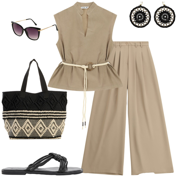 Outfit donna - Agosto. Stile Casual chic per Tutti i giorni. Abbinamento con shopping bag, occhiali da sole, pantaloni a palazzo, camicie, orecchini, sandali.