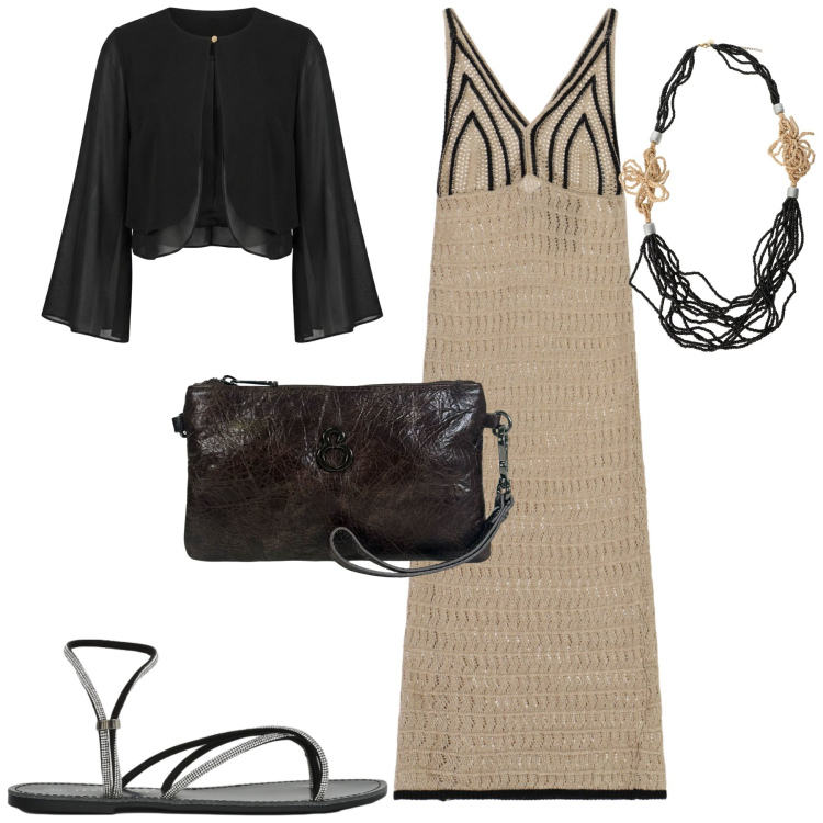 Outfit donna - Serata. Stile Casual chic per Serata fuori. Abbinamento con sandali, vestiti midi/longuette, collane, blazer, pochette.