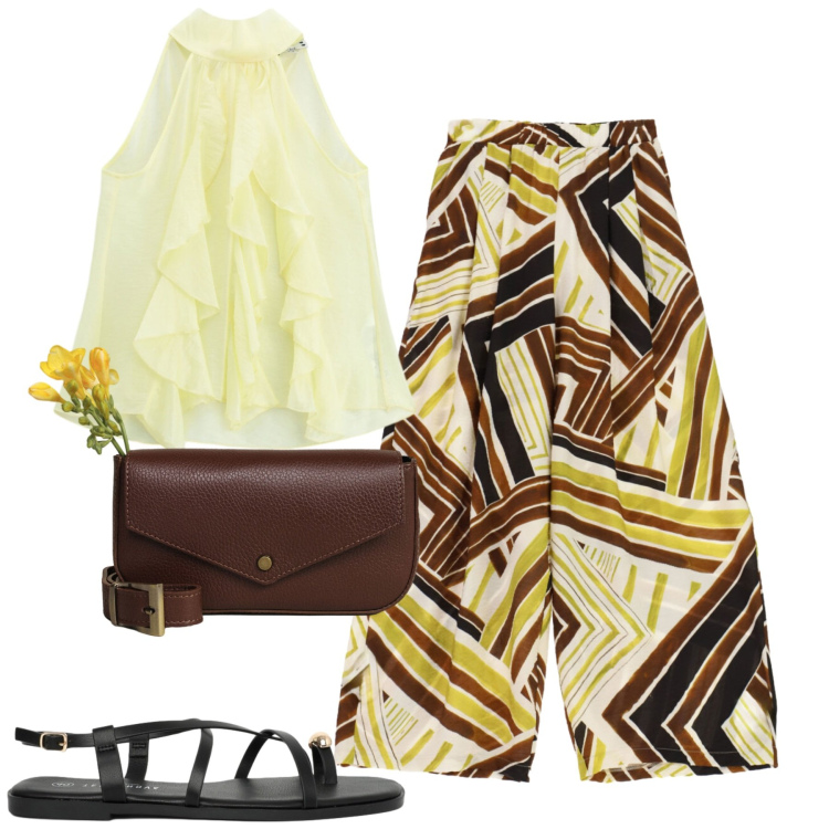 Outfit donna - Agosto. Stile Casual chic per Tutti i giorni. Abbinamento con sandali, borse a tracolla, pantaloni a palazzo, top.