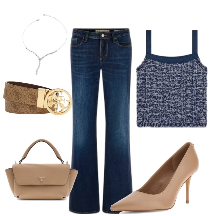 Outfit mujer - Casual #6769. Estilo Casual para Todos los días. Combinación con vaqueros rectos, collares, salones, top, bolsos de mano, cinturones.