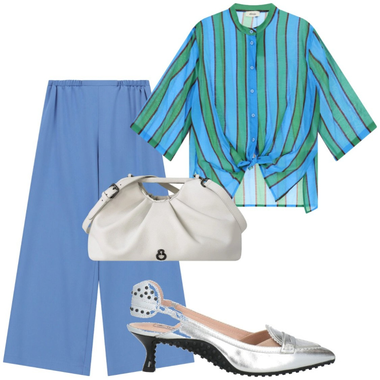 Outfit donna - Porto allegria in ufficio. Stile Chic per Ufficio. Abbinamento con décolleté, pantaloni a palazzo, camicie, clutch.