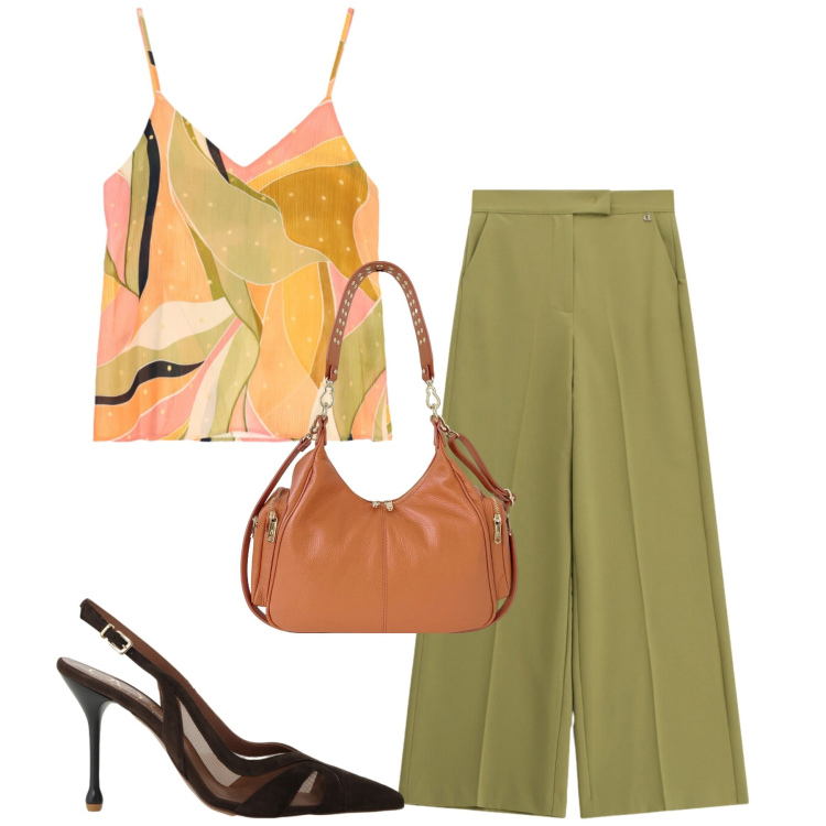 Outfit donna - Agosto. Stile Urban per Tutti i giorni. Abbinamento con top, pantaloni a palazzo, décolleté, borse a spalla.