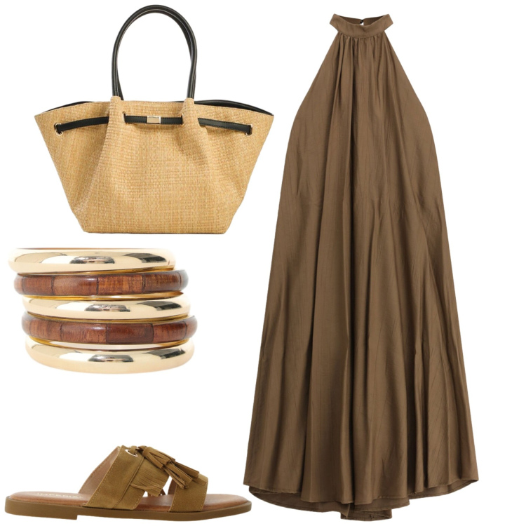 Outfit donna - Al mare. Stile Casual chic per Tutti i giorni. Abbinamento con shopping bag, braccialetti, vestiti lunghi, sandali.