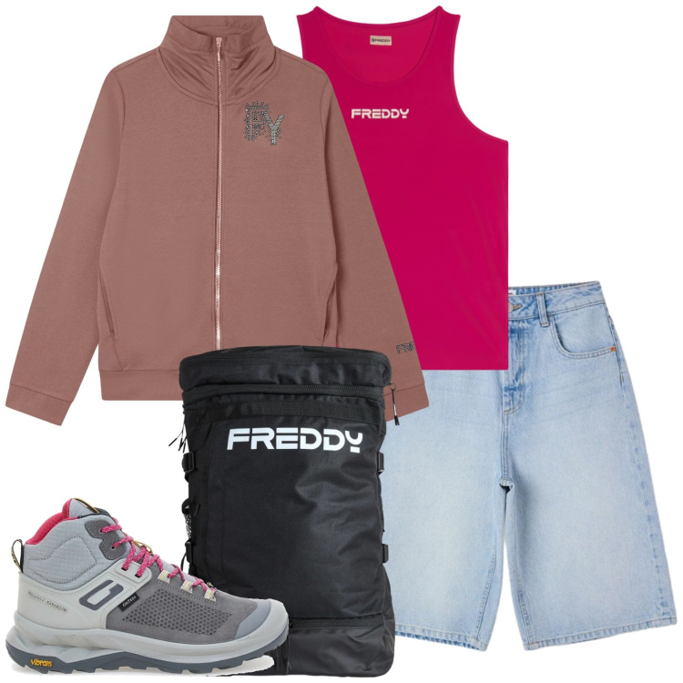 Outfit donna - Su per la montagna. Stile Sporty chic per Sport. Abbinamento con bermuda, zaini, canottiere, felpe, scarpe sportive.