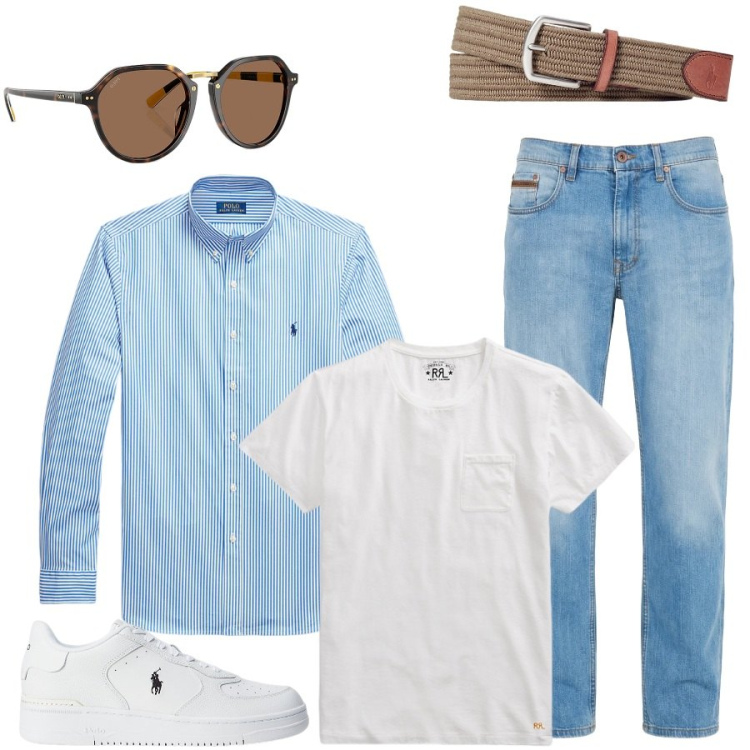 Outfit uomo - Total look #2444070. Stile Casual per Tutti i giorni. Abbinamento con jeans, camicie, t-shirt, sneakers, cinture, occhiali da sole.