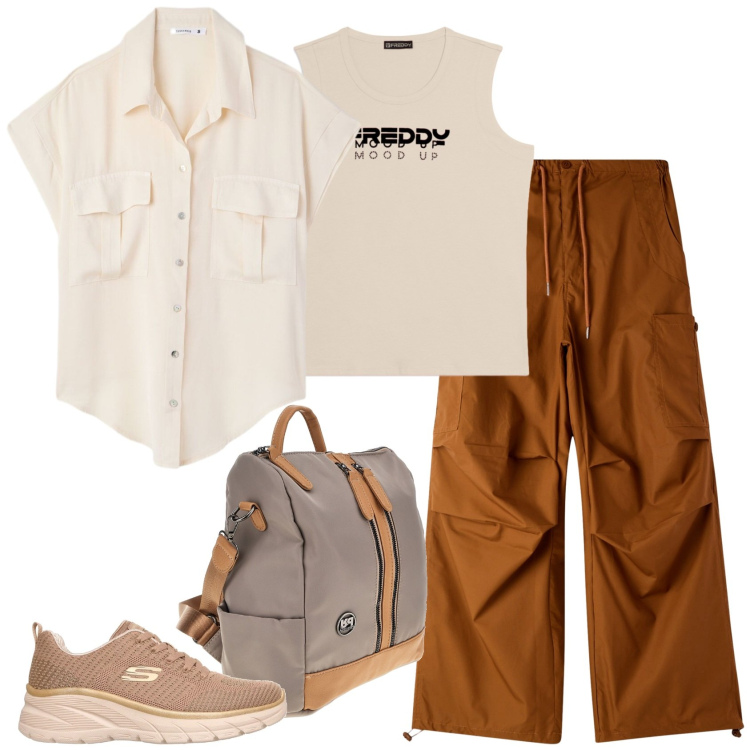 Outfit donna - Sul sentiero. Stile Casual per Tutti i giorni. Abbinamento con camicie a manica corta, pantaloni cargo, canottiere, scarpe sportive, zaini.