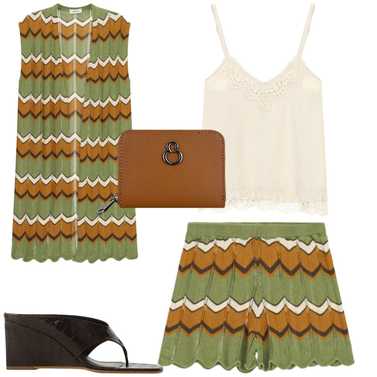 Outfit donna - Al mare. Stile Trendy per Mare. Abbinamento con shorts, gilet, top, sandali, portafogli.