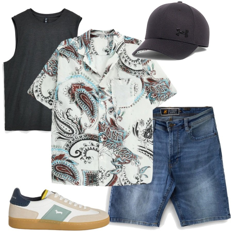 Outfit uomo - Total look #2444075. Stile Casual per Tutti i giorni. Abbinamento con sneakers, camicie a manica corta, cappelli con visiera, bermuda, canottiere.