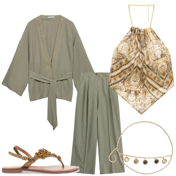 Outfit donna - Sapori orientali. Stile Glamour per Serata fuori. Abbinamento con kimono, cinture, pantaloni a palazzo, top, sandali gioiello.