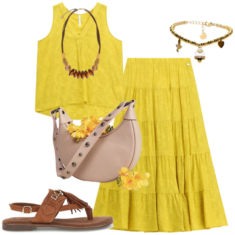 Outfit donna - Giallo solare. Stile Boho per Mare. Abbinamento con borse a spalla, gonne lunghe, top, collane, braccialetti, sandali.