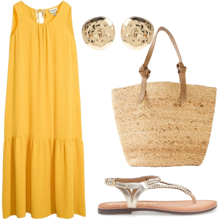 Outfit donna - Giallo e oro effetto wow. Stile Trendy per Tutti i giorni. Abbinamento con vestiti lunghi, shopping bag, orecchini, sandali.