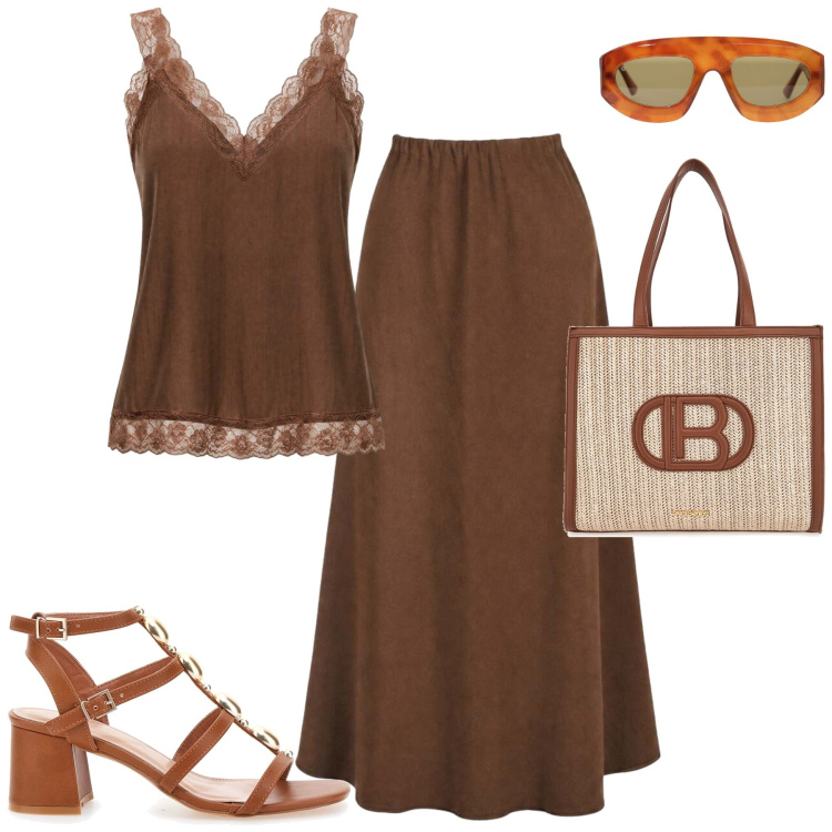 Outfit donna - Agosto. Stile Casual chic per Tutti i giorni. Abbinamento con canottiere, gonne lunghe, occhiali da sole, borse a spalla, sandali gioiello.
