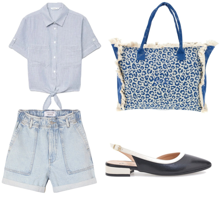 Outfit donna - Mattinata libera. Stile Casual chic per Tutti i giorni. Abbinamento con shorts, camicie a manica corta, ballerine, shopping bag.