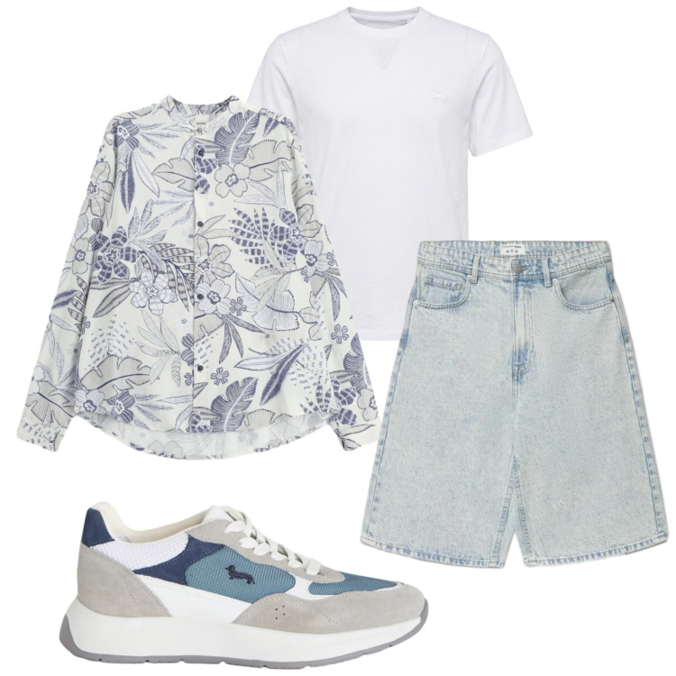 Outfit uomo - Camicia aperta. Stile Casual per Serata speciale. Abbinamento con sneakers, t-shirt, camicie, shorts.