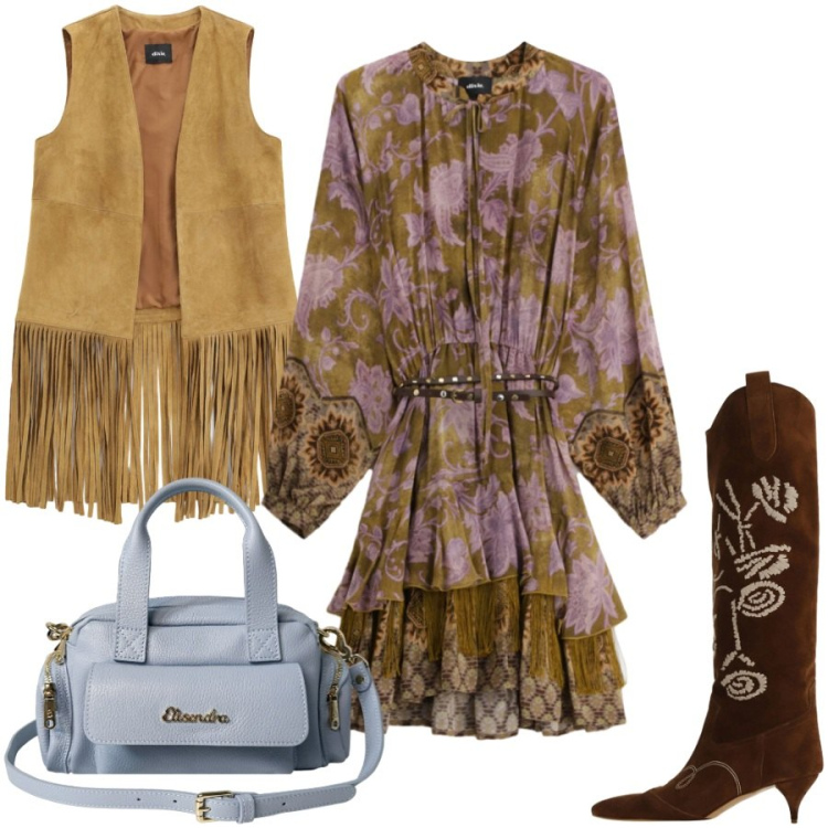 Outfit donna - La borsa da portare anche in autunno. Stile Boho per Serata fuori. Abbinamento con stivali, gilet, vestiti corti, borse a mano.