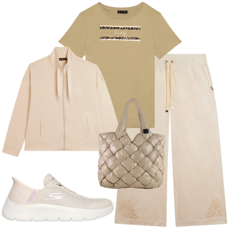 Outfit donna - In baita con stile. Stile Casual per Tutti i giorni. Abbinamento con felpe, pantaloni, t-shirt, borse tote, scarpe sportive.
