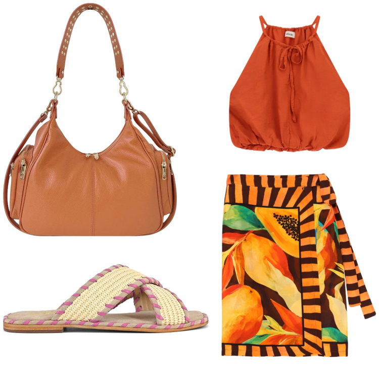 Outfit donna - Estate fluo. Stile Etnico per Tutti i giorni. Abbinamento con top, gonne longuette, borse a spalla, ciabatte.
