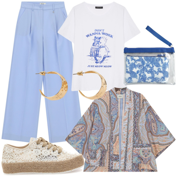 Outfit donna - Sera e giorno. Stile Casual per Tutti i giorni. Abbinamento con orecchini, pochette, cappotti, pantaloni a palazzo, t-shirt, sneakers.