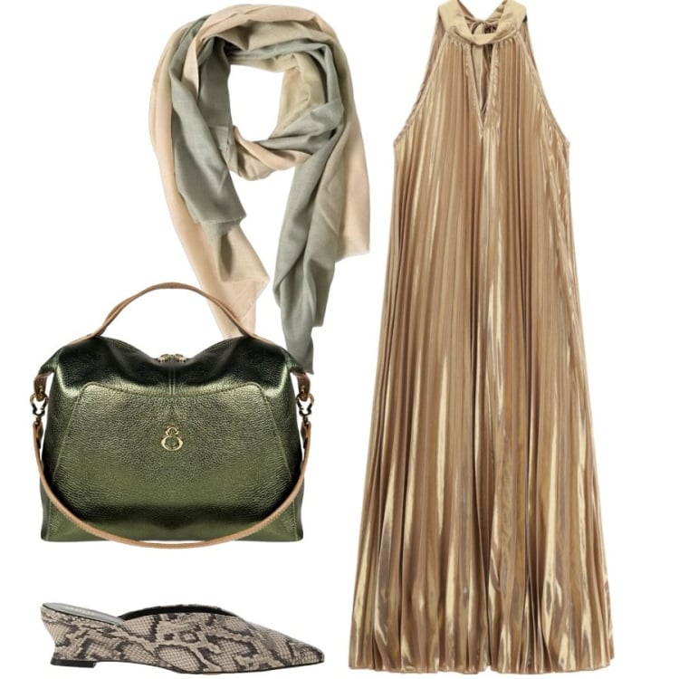 Outfit donna - Chic da sera. Stile Chic per Serata fuori. Abbinamento con vestiti lunghi, sabot, foulard, borse a mano.
