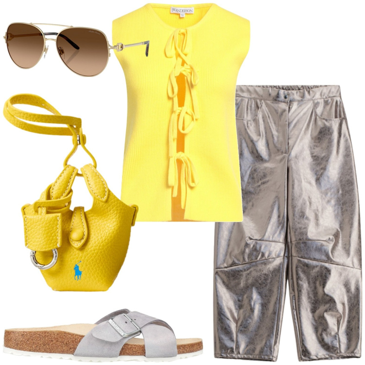 Outfit donna - City. Stile Casual per Tutti i giorni. Abbinamento con cardigans, sandali in pelle, pantaloni a palazzo, portachiavi, occhiali da sole.
