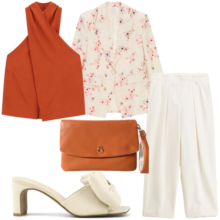 Outfit donna - Charme discreto. Stile Trendy per Serata fuori. Abbinamento con pantaloni, top, blazer, pochette, sandali col tacco.