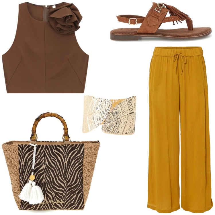 Outfit donna - Colori caldi esotici ed esotici. Stile Etnico per Tutti i giorni. Abbinamento con pantaloni, braccialetti, top, sandali, borse a mano.