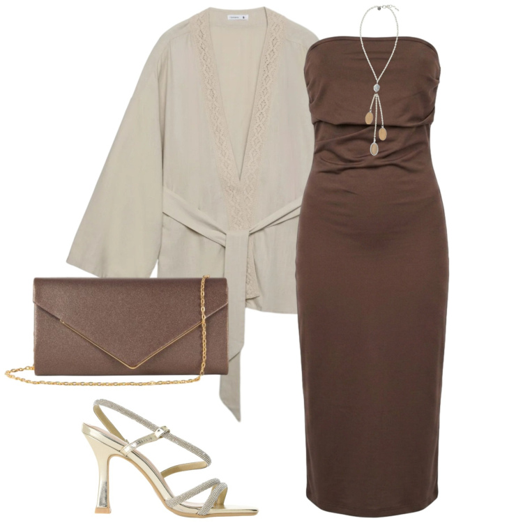 Outfit donna - Caftani e kimono. Stile Chic per Serata fuori. Abbinamento con kimono, collane, clutch, sandali col tacco, vestiti midi/longuette.