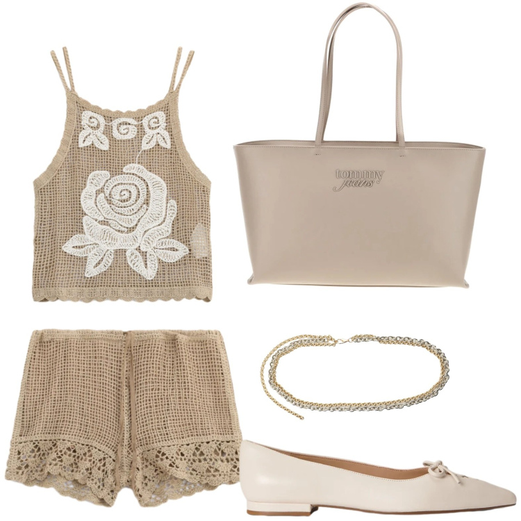 Outfit donna - Shorts crochet. Stile Casual per Tutti i giorni. Abbinamento con top, cinture, shorts, ballerine, borse a spalla.