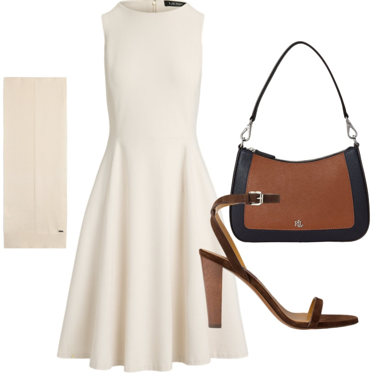Outfit donna - Minimal girl. Stile Casual per Ufficio. Abbinamento con sciarpe, vestiti corti, sandali in pelle, borse a spalla.