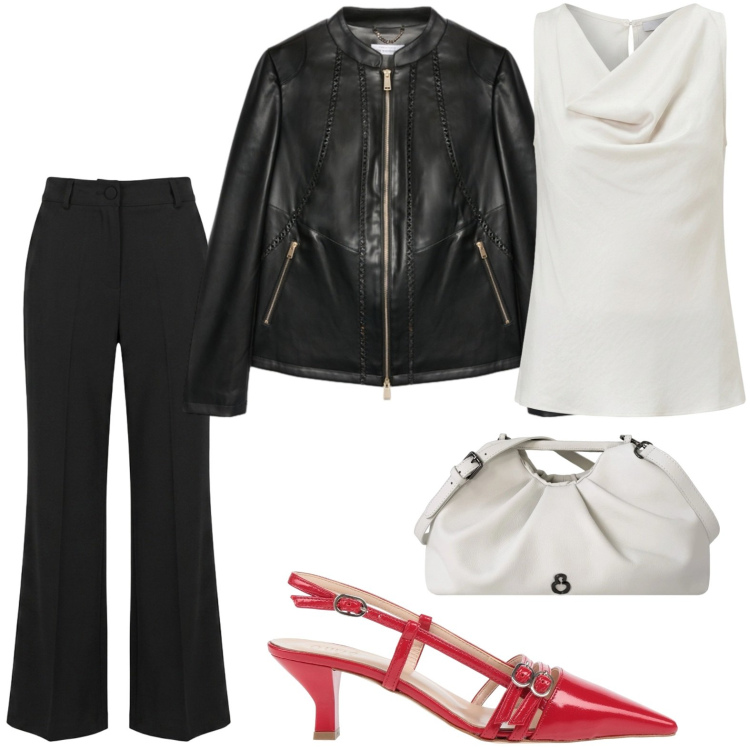 Outfit donna - Trend contemporaneo. Stile Urban per Serata fuori. Abbinamento con décolleté, canottiere, blazer, clutch, pantaloni.