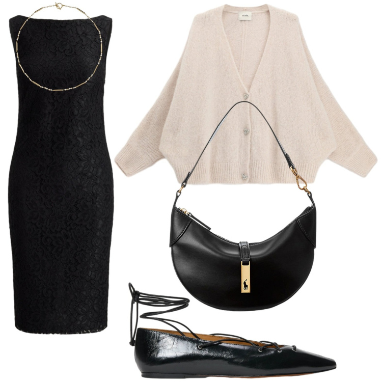 Outfit donna - Minimal chic. Stile Bon Ton per Ufficio. Abbinamento con cardigans, vestiti senza maniche, borse a spalla, collane, ballerine.