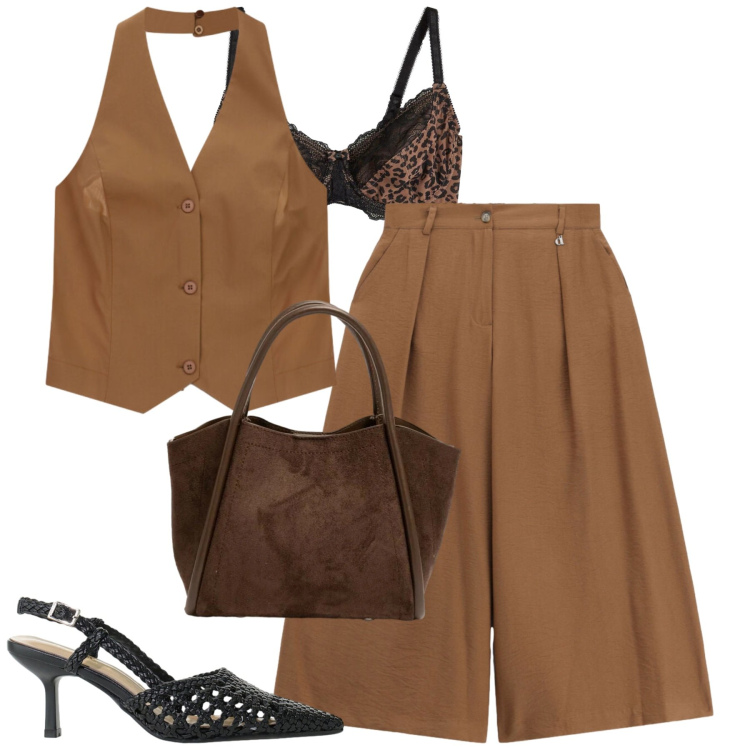 Outfit donna - Dixie. Stile Casual chic per Tutti i giorni. Abbinamento con reggiseni, gilet, pantaloni a palazzo, décolleté, borse a spalla.