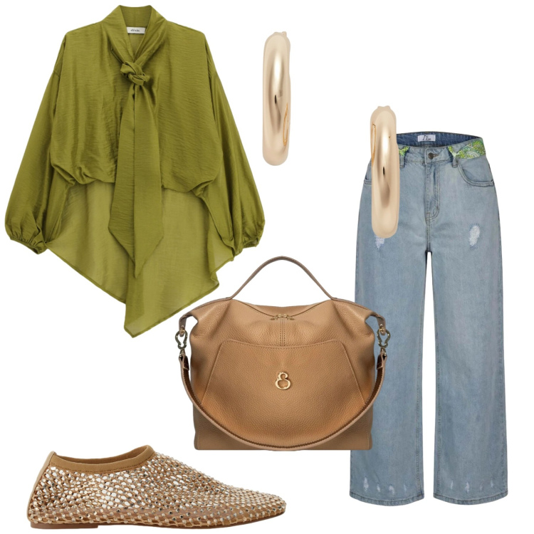 Outfit donna - Total look #2444177. Stile Casual chic per Serata fuori. look ideale per Petite. Abbinamento con jeans strappati, ballerine, camicie, orecchini, borse a mano.