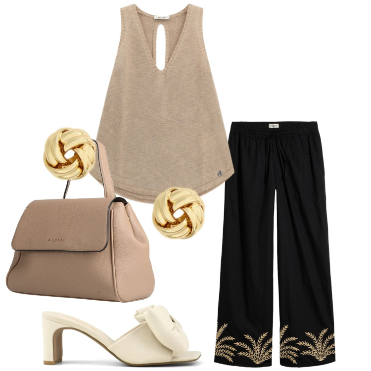 Outfit donna - Total look #2444180. Stile Minimal per Tutti i giorni. Abbinamento con zaini, pantaloni a palazzo, top, orecchini, sandali col tacco.