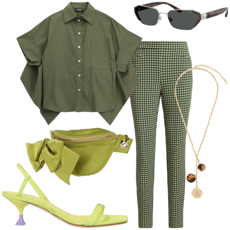 Outfit donna - Estate in fuseaux. Stile Casual per Tutti i giorni. Abbinamento con marsupi, sandali in pelle, camicie a manica corta, occhiali da sole, collane, pantaloni.