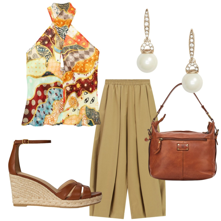 Outfit donna - Total look #2444185. Stile Trendy per Tutti i giorni. Abbinamento con top, pantaloni a palazzo, orecchini, zeppe, borse a spalla.