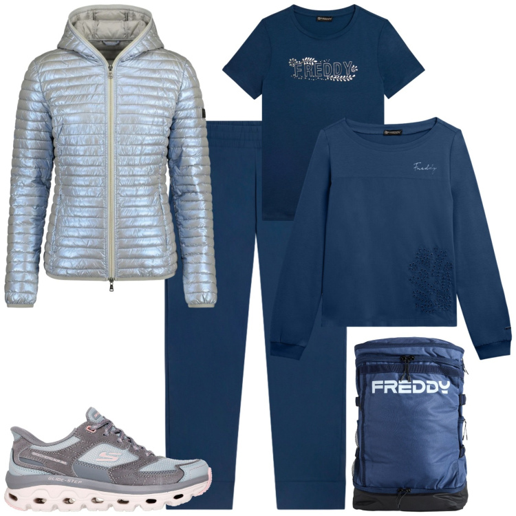 Outfit donna - Sporty chic in montagna. Stile Sporty chic per Tutti i giorni. Abbinamento con pantaloni, t-shirt, zaini, felpe, piumini, sneakers.