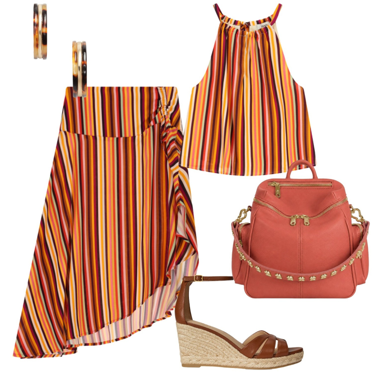 Outfit donna - Al mare. Stile Casual chic per Mare. Abbinamento con gonne longuette, top, orecchini, zeppe, zaini.