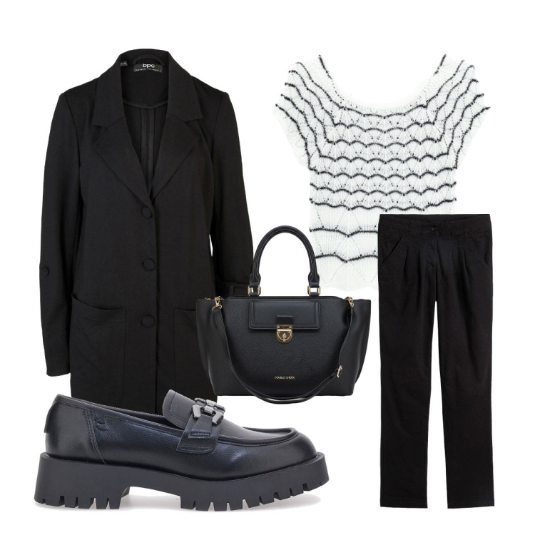 Outfit donna - Spolverino per l’aperitivo. Stile Mannish per Serata fuori. Abbinamento con blazer, pantaloni chino, canottiere, borse a tracolla, mocassini.
