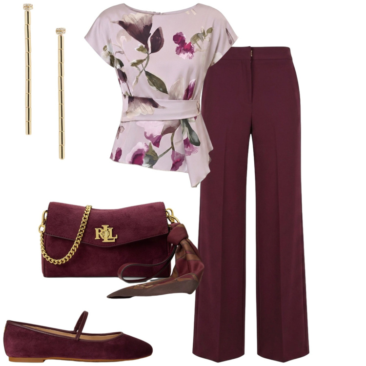 Outfit donna - Cerimonie di settembre. Stile Chic per Cerimonia. Abbinamento con t-shirt, pantaloni a palazzo, borse a tracolla, ballerine, orecchini.