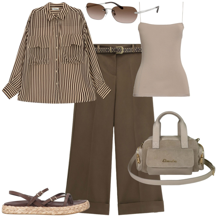 Outfit donna - Casual chic ufficio tempo libero. Stile Casual chic per Tutti i giorni. Abbinamento con top, infradito, pantaloni a palazzo, camicie, occhiali da sole, borse a mano.