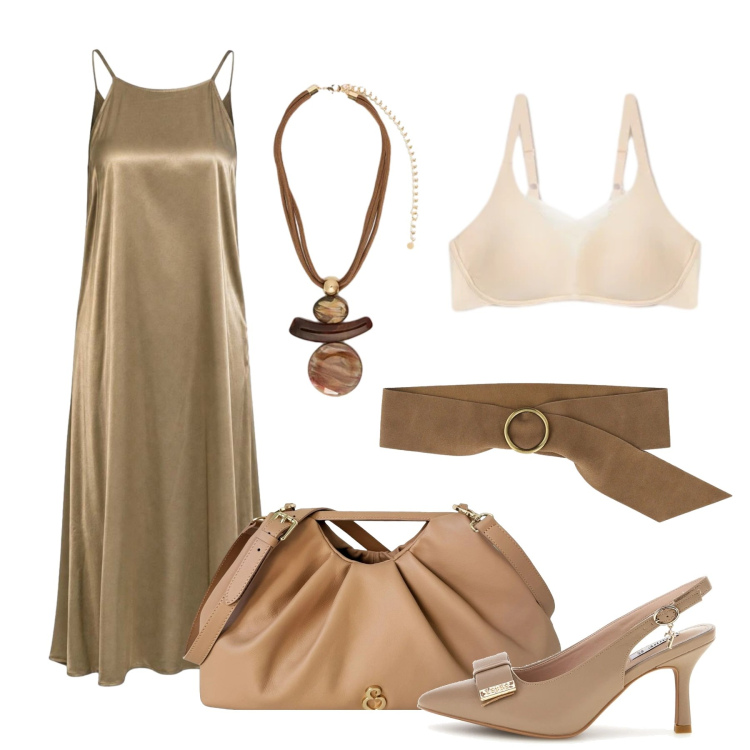 Outfit donna - Abito scivolato. Stile Chic per Tutti i giorni. Abbinamento con vestiti lunghi, cinture, ciondoli, reggiseni, clutch, décolleté.
