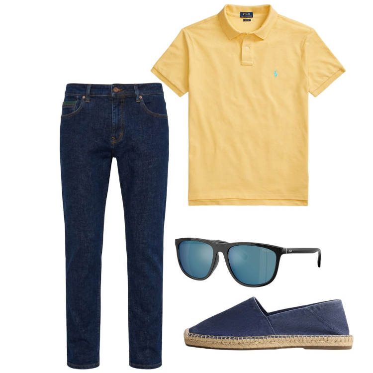 Outfit uomo - Agosto. Stile Casual per Tutti i giorni. Abbinamento con jeans, polo, occhiali da sole, espadrillas.