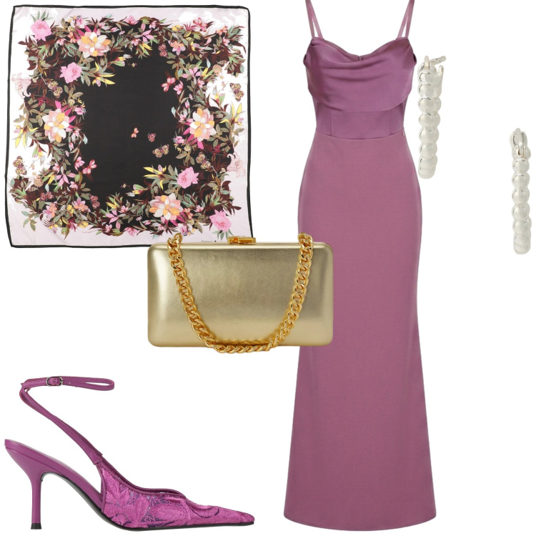 Outfit donna - Serata. Stile Chic per Serata fuori. Abbinamento con décolleté, sciarpe, vestiti lunghi, orecchini, clutch.